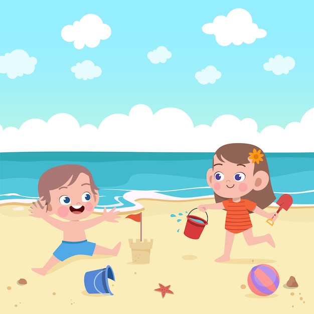 I bambini giocano all'illustrazione della spiaggia