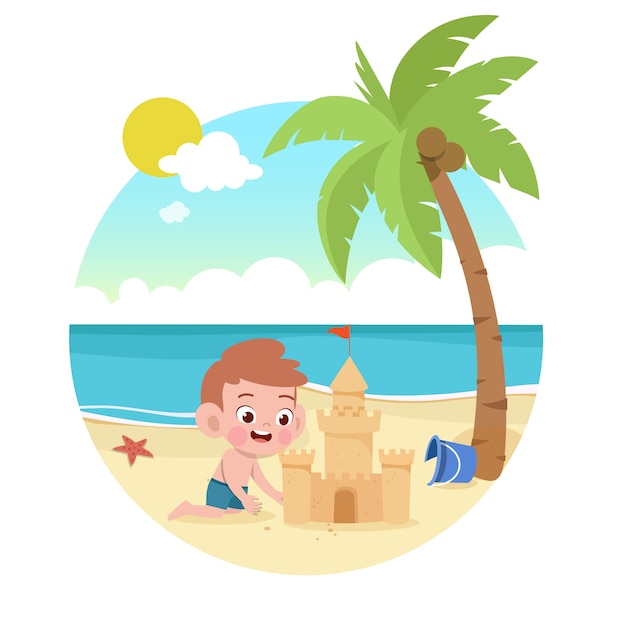 Vector kids play at the beach illustration