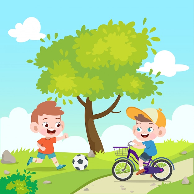 I bambini giocano a calcio e bicicletta illustrazione vettoriale