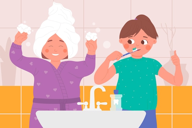 Kids play in home bathroom children brush teeth playing together during hygiene routine