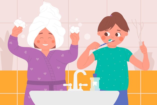 Дети играют в домашней ванной, дети чистят зубы, играя вместе во время гигиены