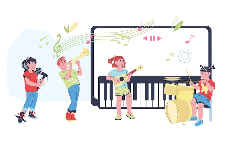 Вектор дети играют на музыкальных инструментах. концепция развития и творчества детей. дети играют музыку на различных инструментах. плоская мультяшная векторная иллюстрация на белом фоне.