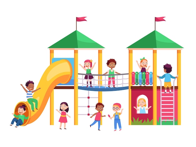 Kids play playground children climb on amusement ride roll down baby slide outdoor park entertainment for girls and boys school or kindergarten game area vector cartoon isolated concept