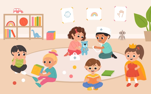 Вектор Дети вместе играют в игрушки и игры в детском саду мультяшная игровая комната с детьми