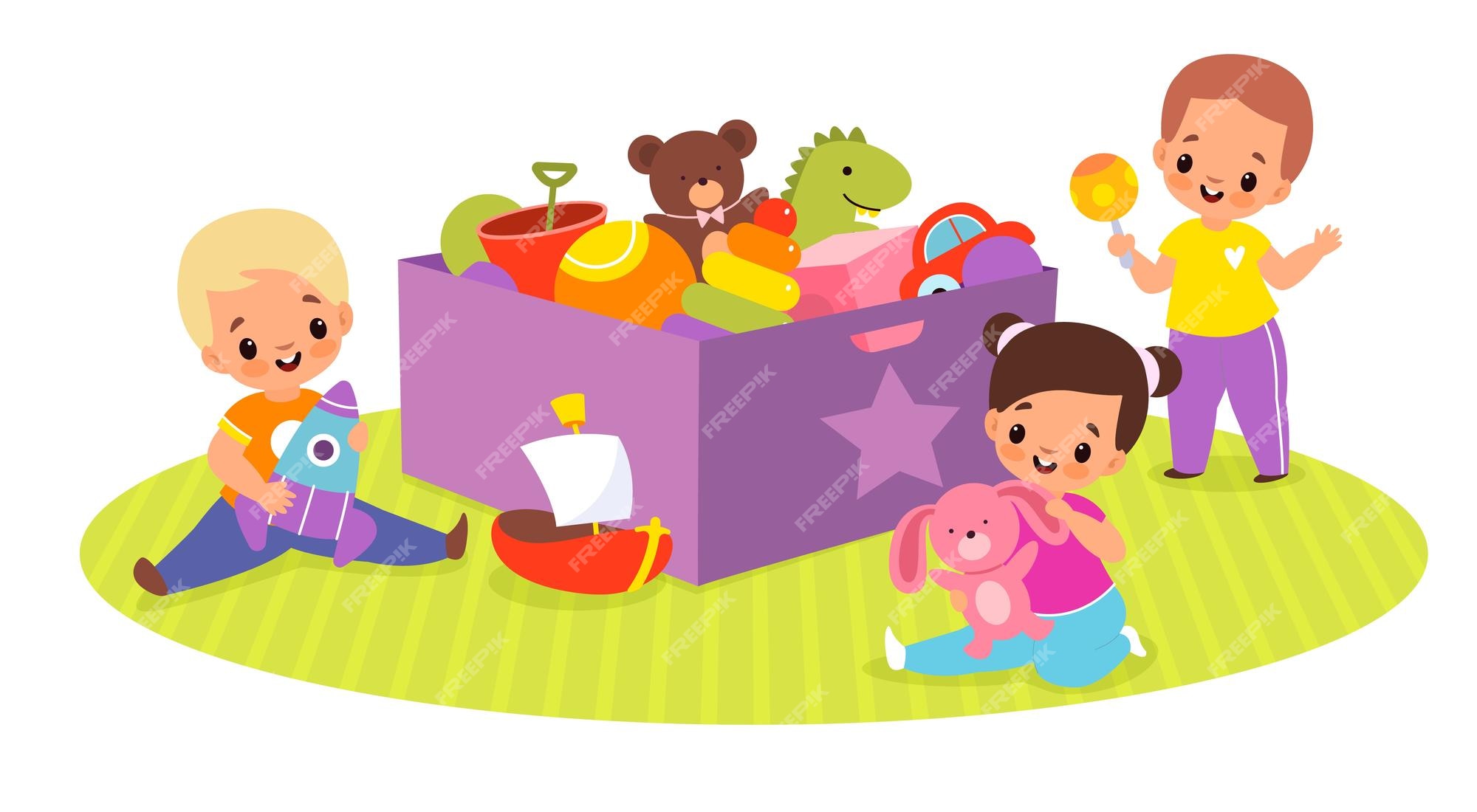 Happy little boy playing with toys, Stock vector