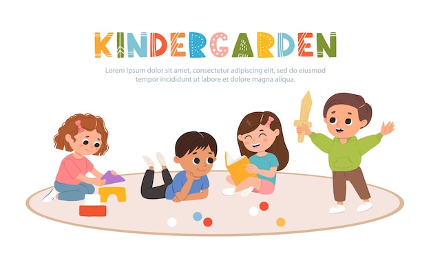 Kids play toys and games together in kindergarden Cartoon playroom with children