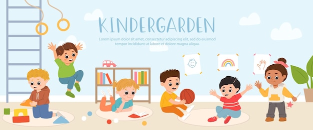 Kids play toys and games together in kindergarden Cartoon playroom with children