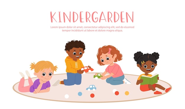 Kids play toys and games together in kindergarden cartoon playroom with children