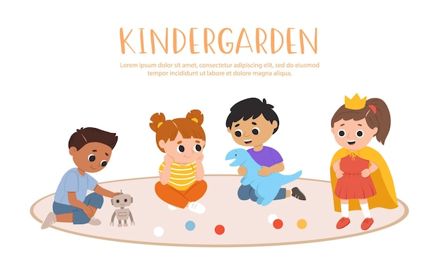 Kids play toys and games together in kindergarden Cartoon playroom with children