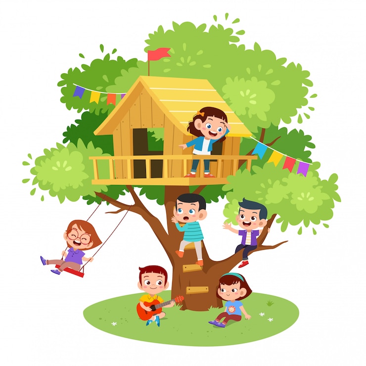 Vector kids play tree house