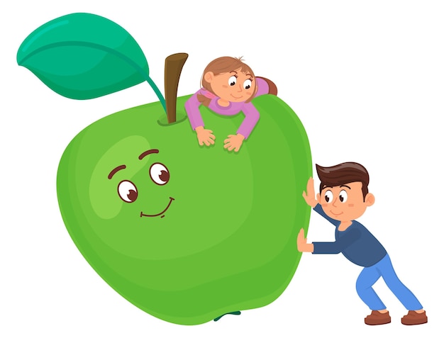 Vector kids play with green apple character cartoon game isolated on white background