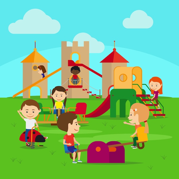 Kids on playground. castle and swing with happy kids