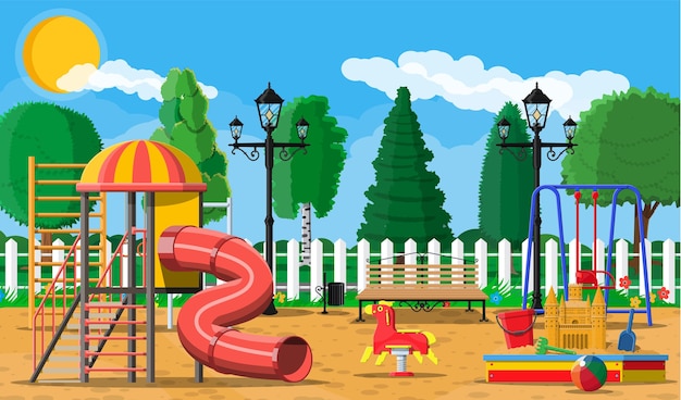 Panorama di asilo nido parco giochi per bambini. divertimento urbano per bambini.