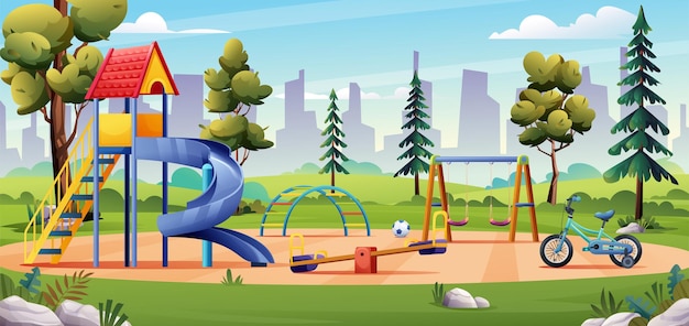 Kids playground landscape with slide, swing, bicycle and seesaw cartoon illustration