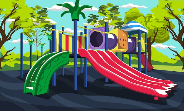 Vettore parco giochi per bambini all'aperto a green park con scivoli e tunnel, scatola di giocattoli, scopa e immondizia per disegno all'aperto di vettore