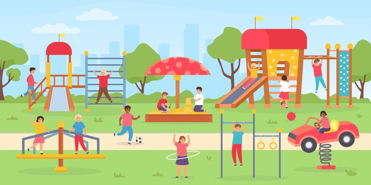 Vector kids playground at park. group of children playing outdoor, on swings, slide and game house. flat city park with boys and girls vector scene. kindergarten playground park to play illustration