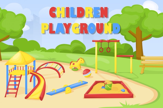 Vettore parco giochi per bambini. illustrazione del fumetto del parco giochi e del parco.