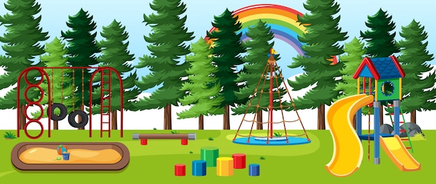 Parco giochi per bambini nel parco con arcobaleno nel cielo in stile cartone animato diurno