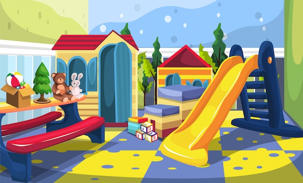 Kids Playground Room with Slide, Toys House, Box of Toys, Cube Games, Teddy Bear and Rabbit Dolls with colorful Style