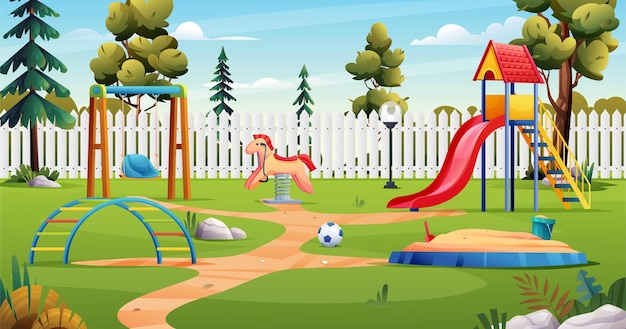 Vector kids playground with slide, swing, sandbox and toys cartoon landscape