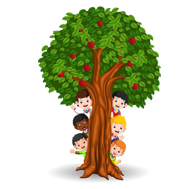 Vector kids playing in an apple tree