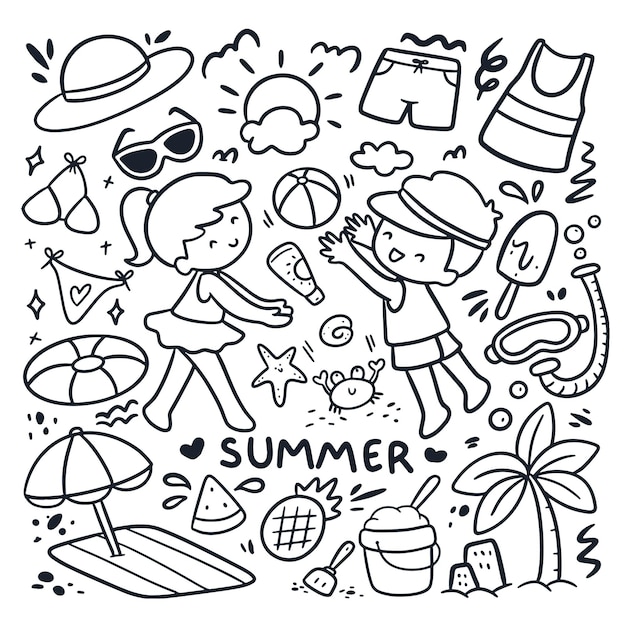 Kids Playing Beach Ball With Summer Related Object in Cartoon Doodle Style Vector Illustration