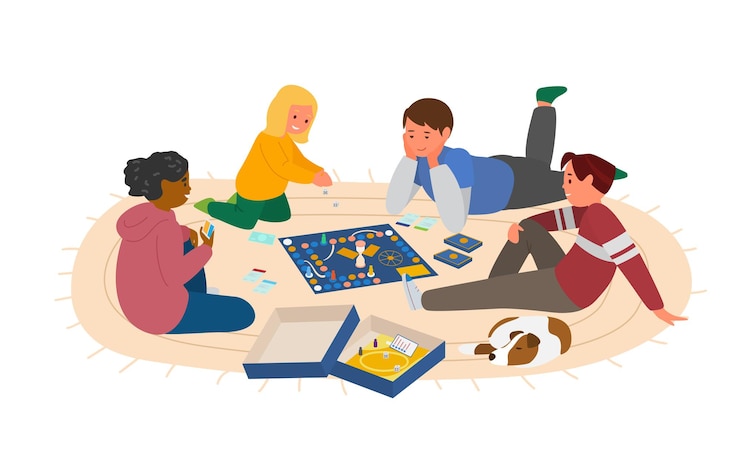 Vector kids playing board game at the floor