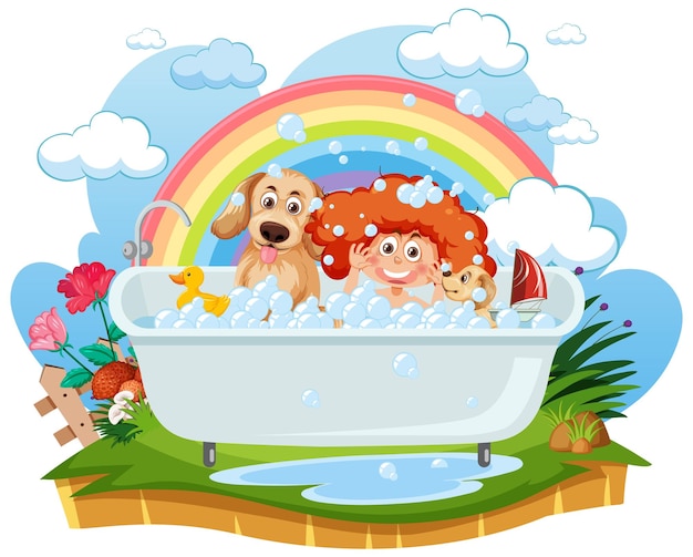 Vector kids playing bubbles in bathtub