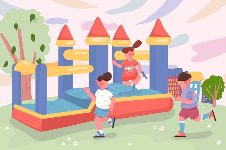 Vector kids playing at children playground in cityscape background