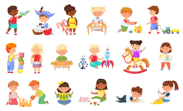 Kids playing and crafting, handmade in kindergarten. vector child and kids, boy and girl in kindergarten play with toys illustration