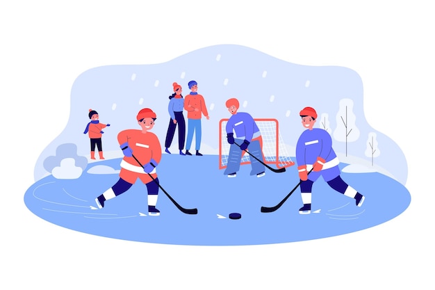 Vector kids playing hockey game on ice rink in city park. boys in helmets skating, holding hockey sticks flat vector illustration. winter sports concept for banner, website design or landing web page