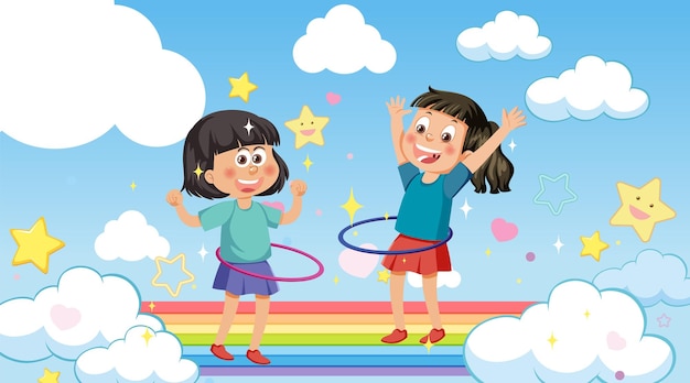 Kids playing hulahoop on rainbow in the sky