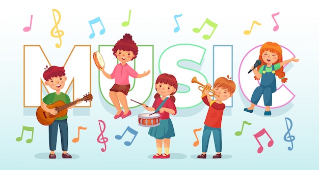 Vector kids playing music. children musical instruments, baby band musicians and dancing  illustration