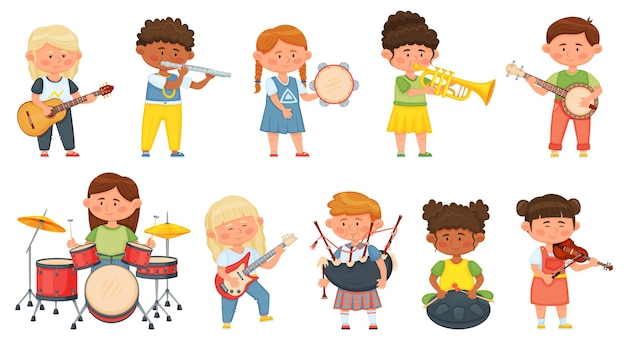 Vector kids playing musical instruments, children orchestra music hobby. cute boys and girls musicians playing on guitar, drums, violin vector set. cheerful diverse characters having entertainment