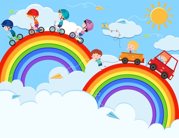 Вектор Дети играют на sky rainbow