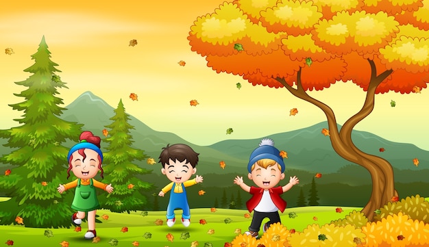 Kids playing outdoor during autumn or fall season