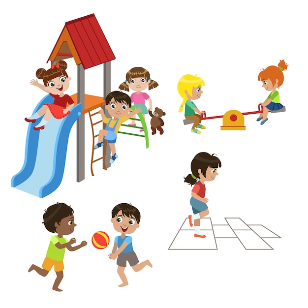 Vector kids playing outdoors set