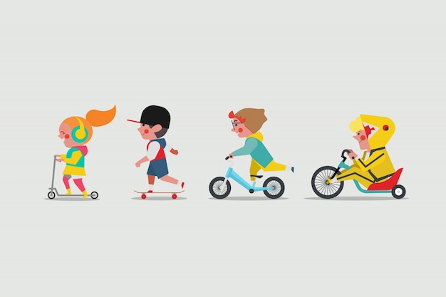 Vector kids playing outside. girl playing scooter. boys playing skateboard. boy riding balance bicycle and fat boy riding a lowrider drift trike bike