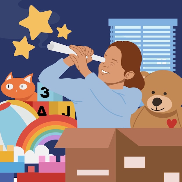 kids playing in room full of toys in flat illustration