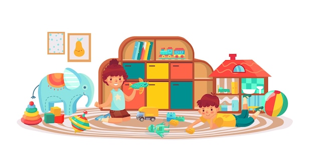Дети в игровой комнате с игрушками мальчик и девочка