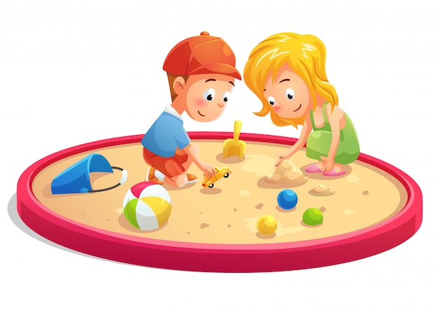 Vettore bambini che giocano in stile cartone animato sandbox