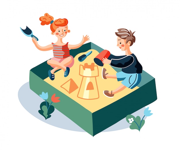 Vector kids playing in sandpit flat illustration