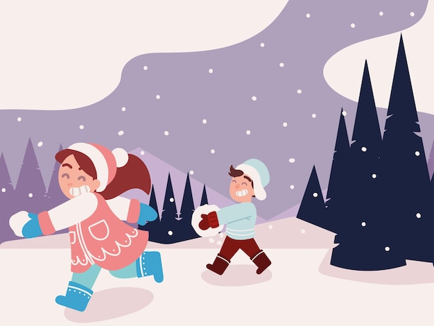 Vector kids playing in snow