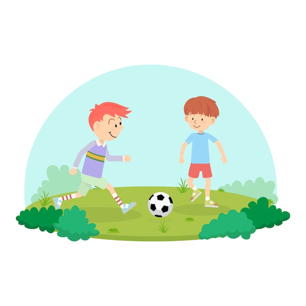 Vector kids playing soccer football for exercise in school playground.