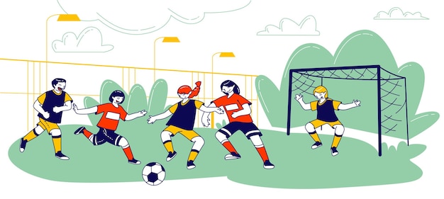 Bambini che giocano a calcio con la palla sul campo nel campo estivo, fumetto illustrazione piatta