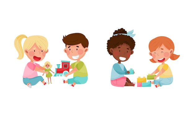 Kids playing together set boy and girl sitting on floor playing with doll train and toy blocks