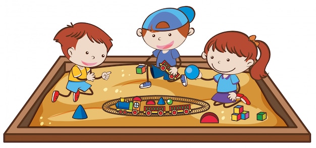 Vector kids playing train toy at sand playground