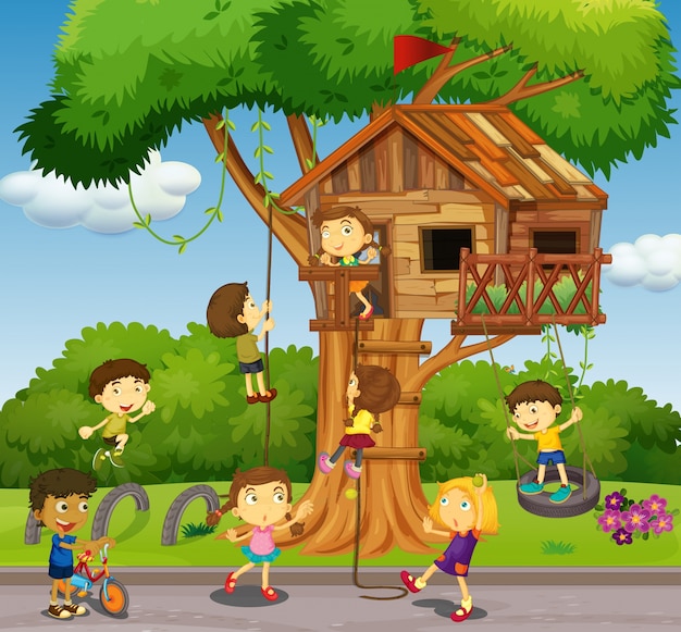 Kids playing at treehouse in park