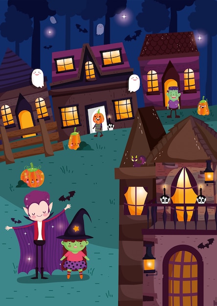 Vector kids playing trick or treat at halloween