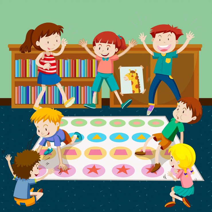Vector kids playing twister in room